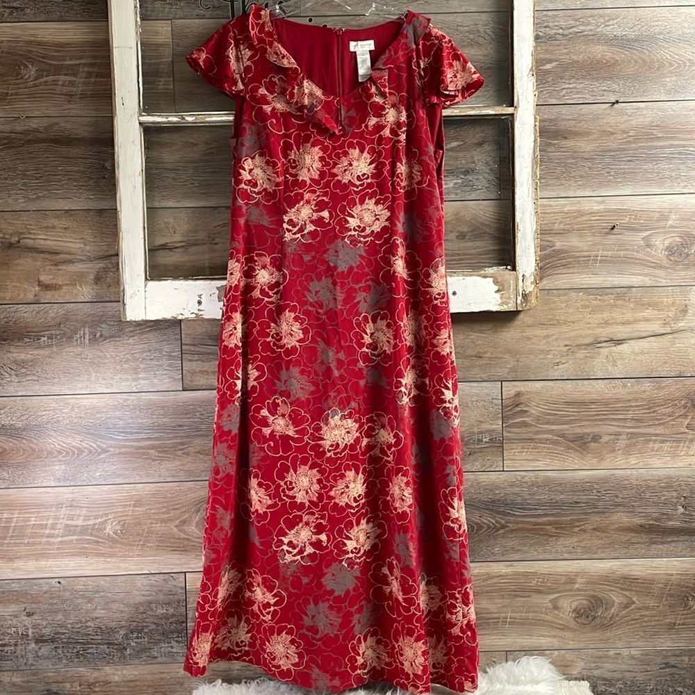 LIZ CLAIBORNE Red Floral Flutter Sleeve Fully Lined Polyester Maxi Dress SZ 12